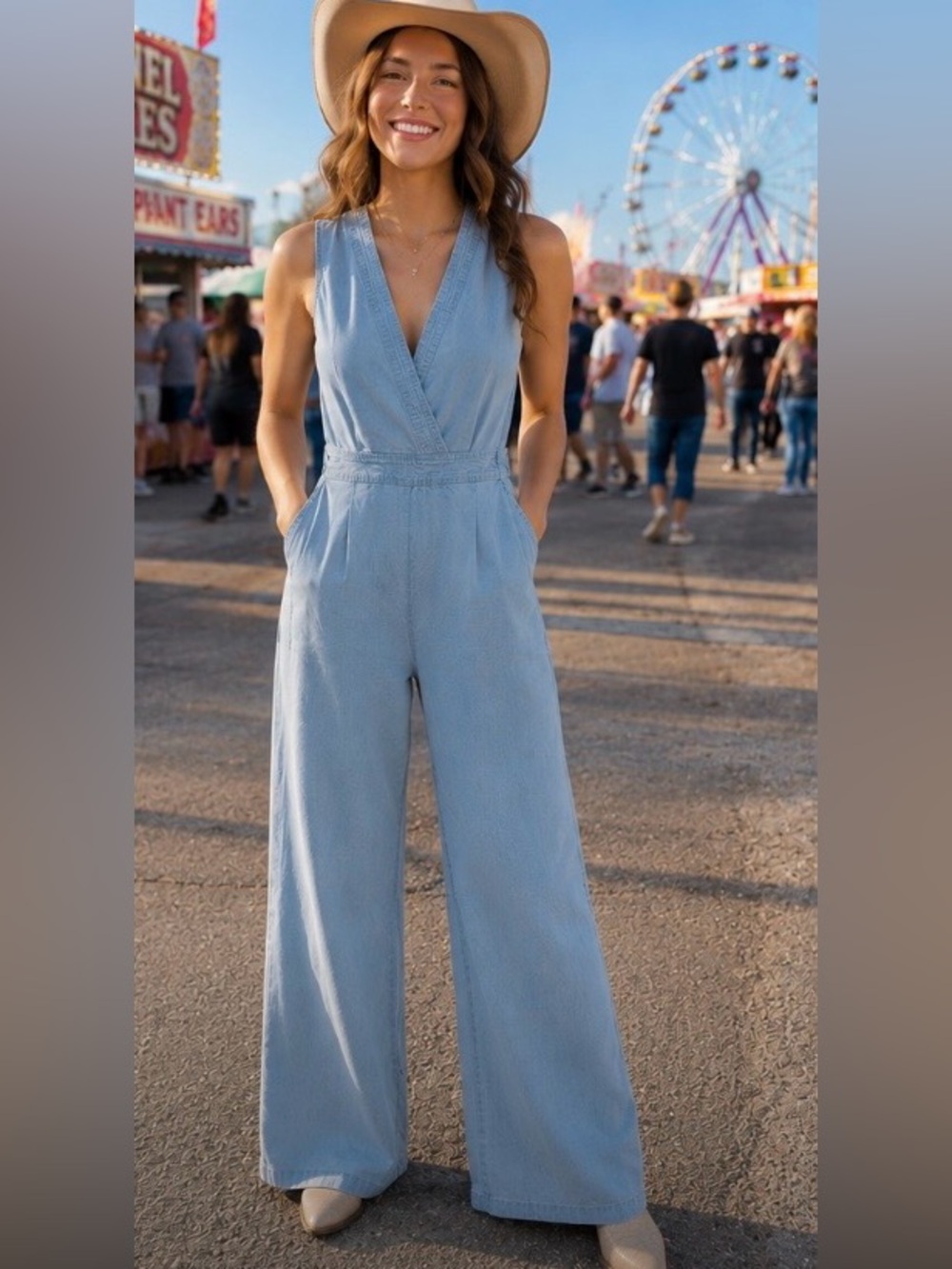 BB Dakota Light Blue V-Neck Sleeveless Jumpsuit
